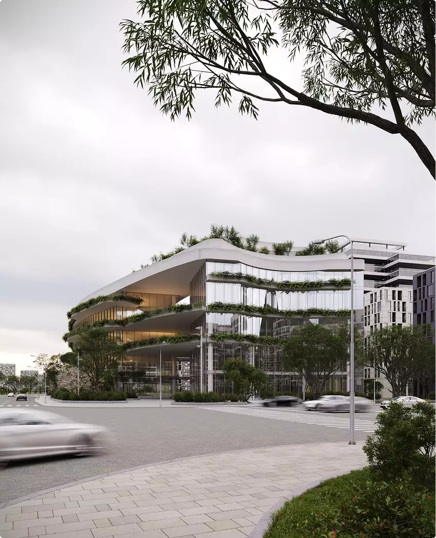Office building renderings of a modern corner facade with planted terraces and a curved roofline