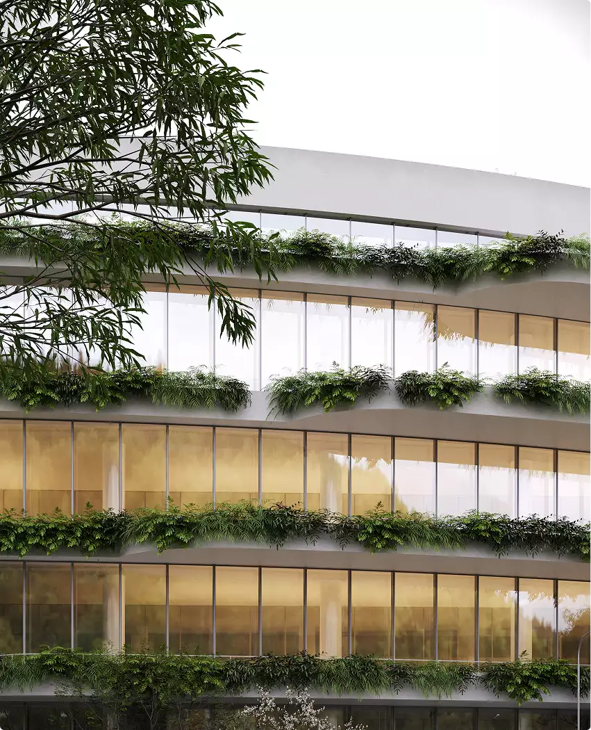 Office building renderings detail of layered glass floors with planted terrace bands and tree branches