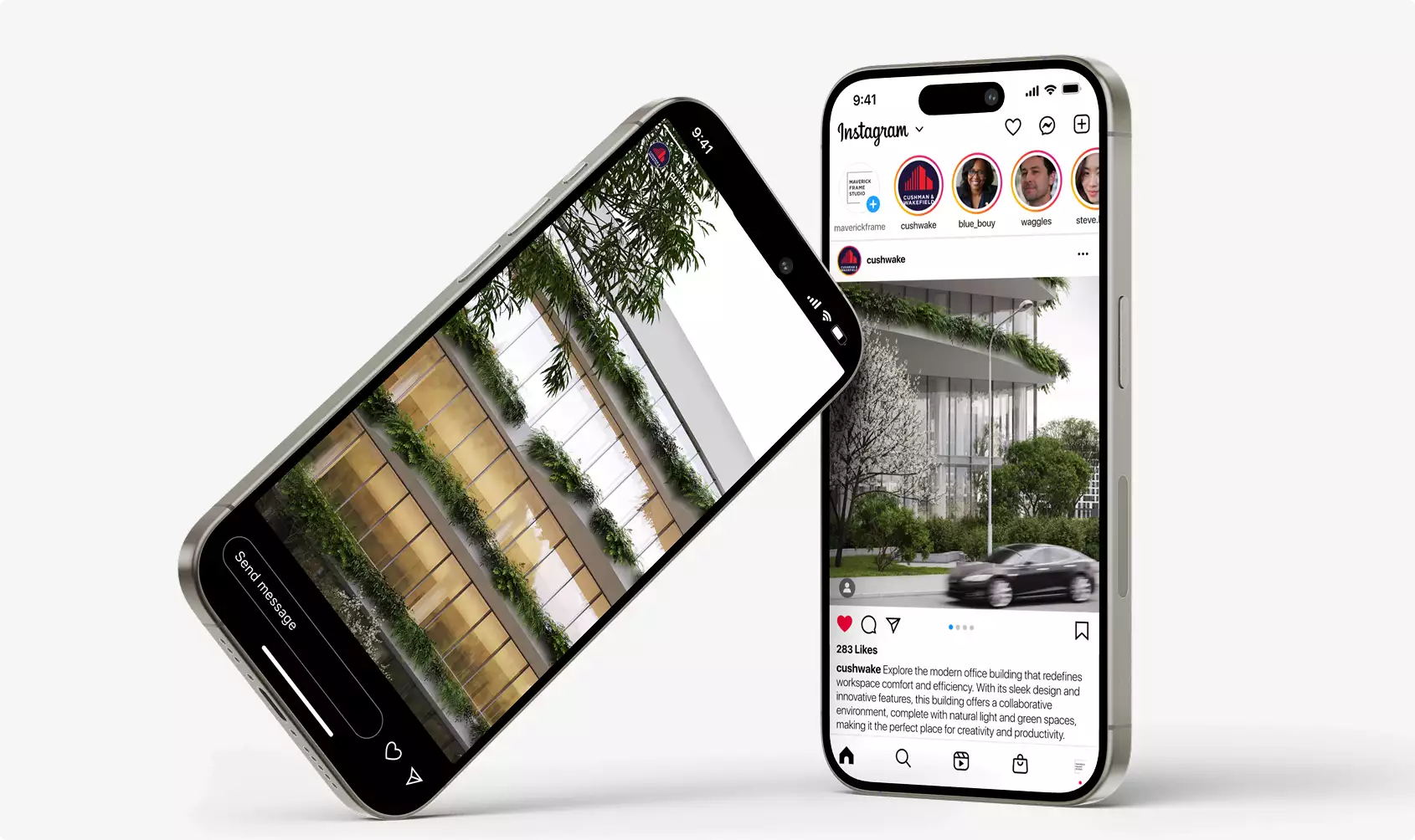 Office building renderings on two smartphones showing social media posts of a modern glass facade
