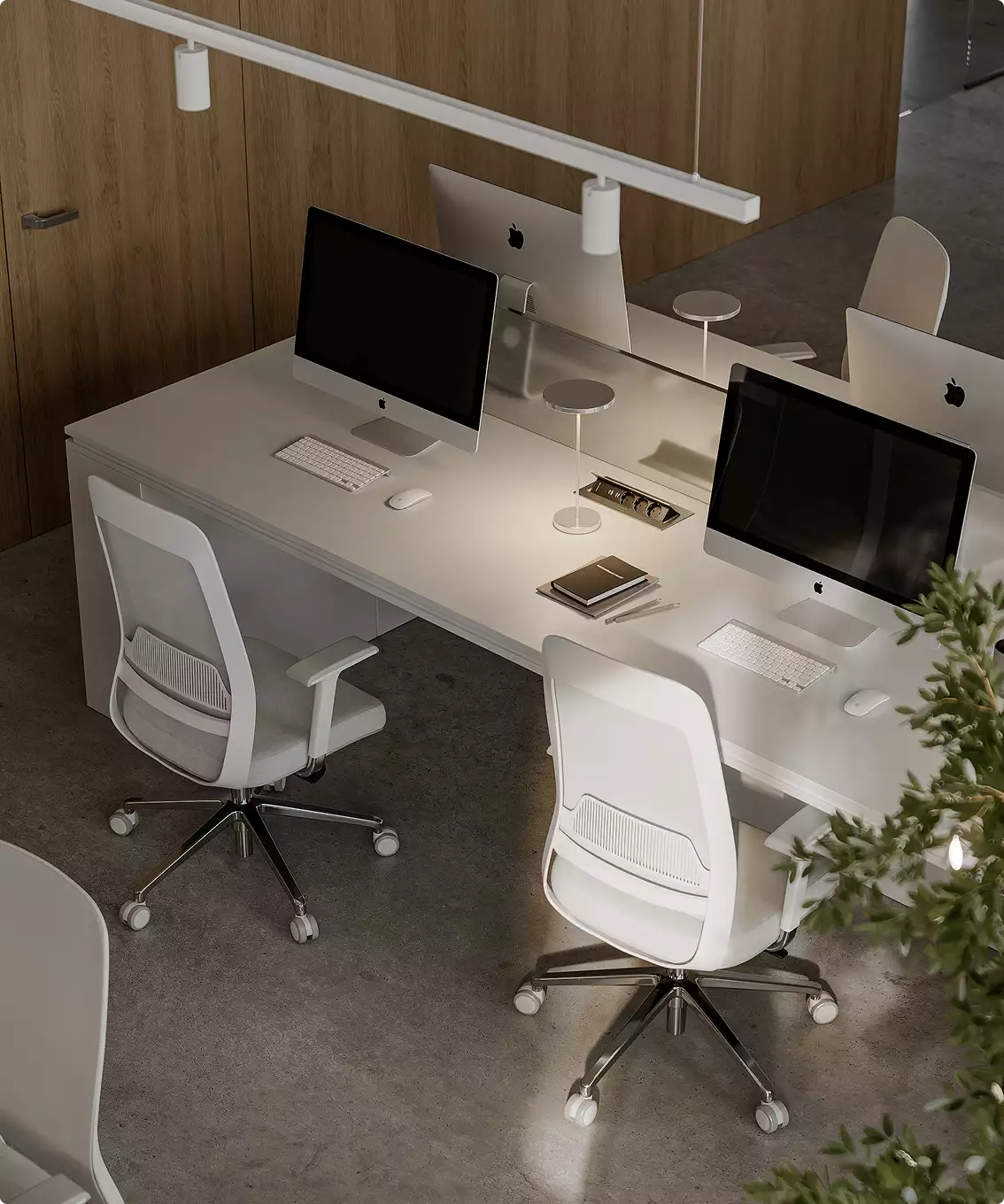Office interior animation of a shared workstation with desktop monitors, white chairs, and wood wall
