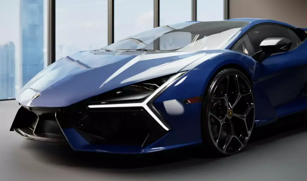 Office interior renderings featuring blue luxury sports car displayed in modern office with large windows