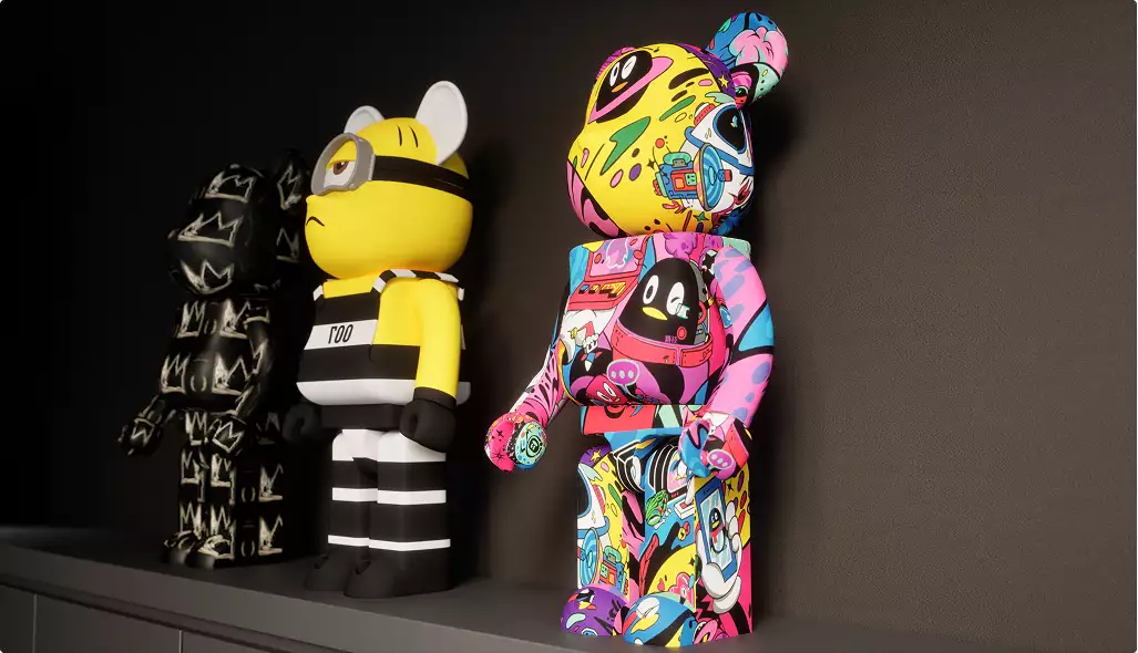 Office interior renderings of colorful designer figure sculptures displayed on cabinet shelf in modern office