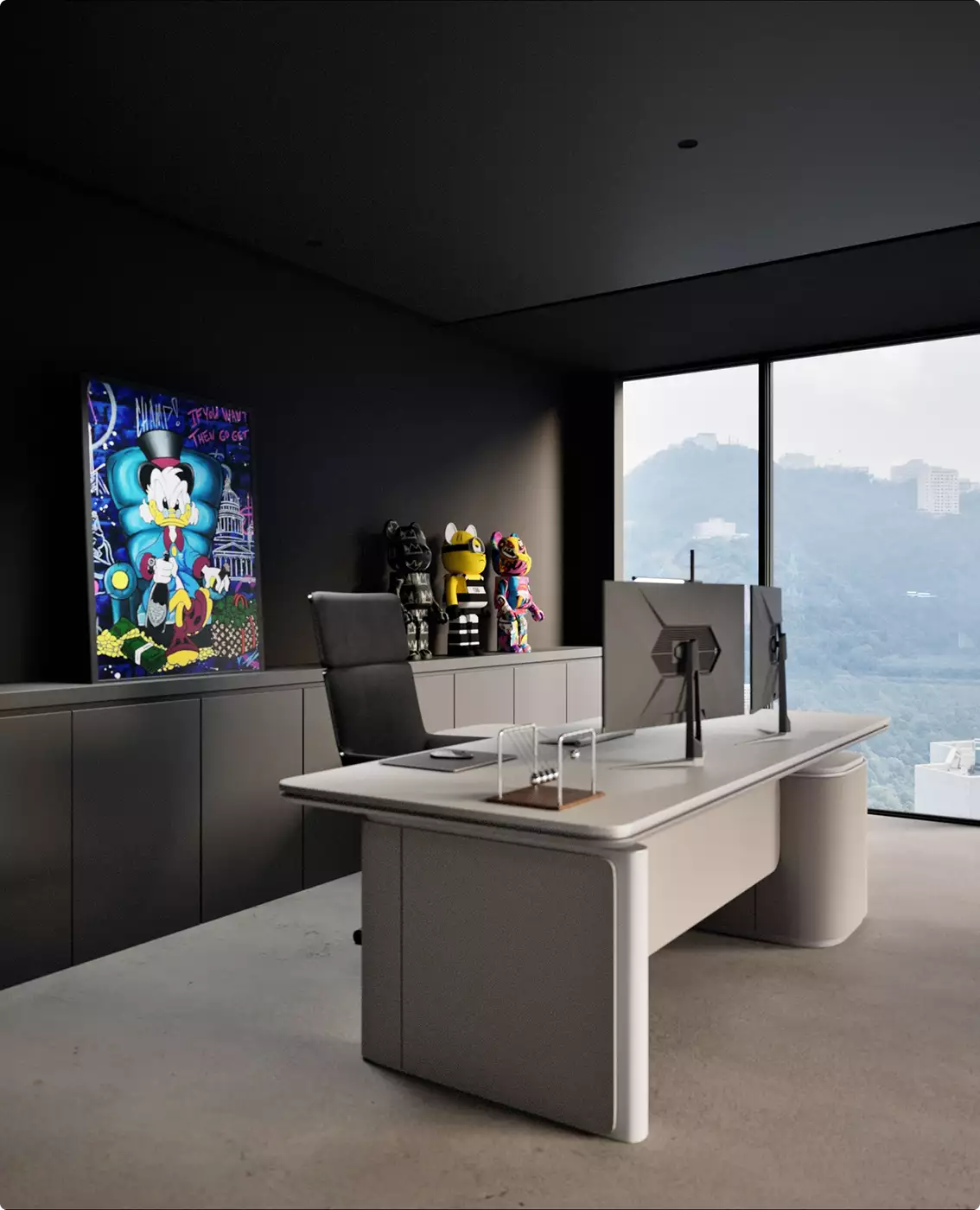 Office interior renderings showing modern executive desk, large window view, art poster and collectible figures on cabinet