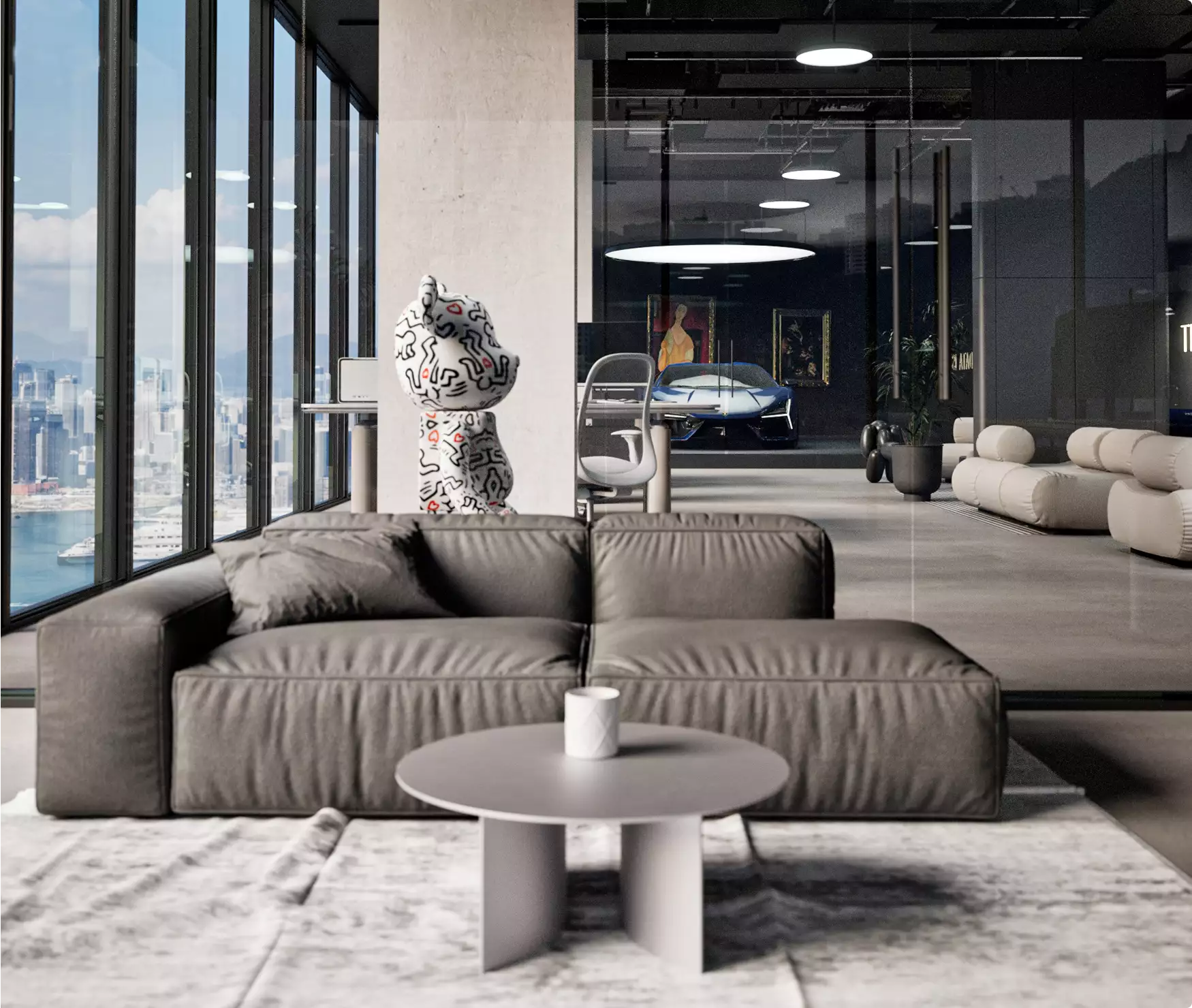 Office interior renderings of modern lounge with large sofa, round table and floor to ceiling windows overlooking city