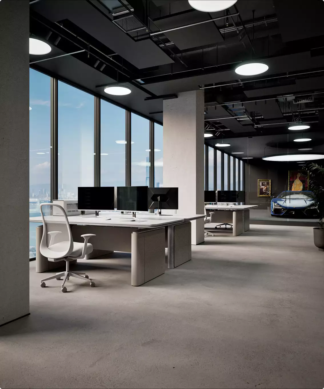 Office interior renderings of modern open workspace with desks, monitors and panoramic floor to ceiling windows