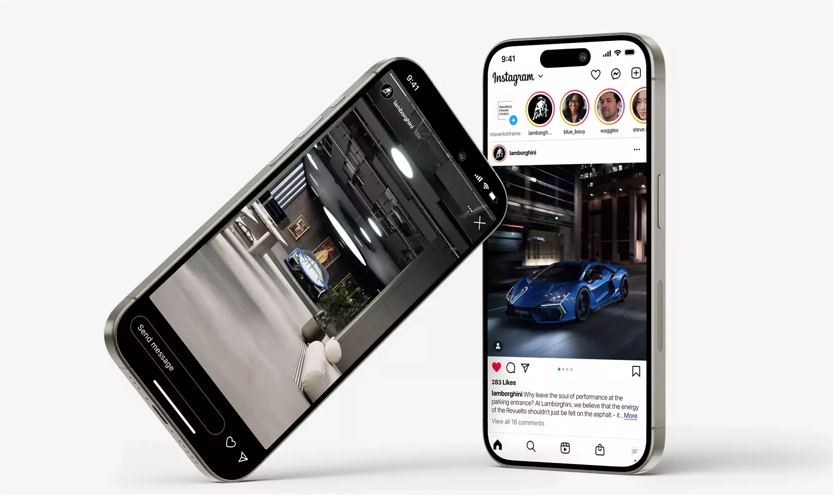Office interior renderings displayed on smartphone screens showing luxury car and modern office interior scenes