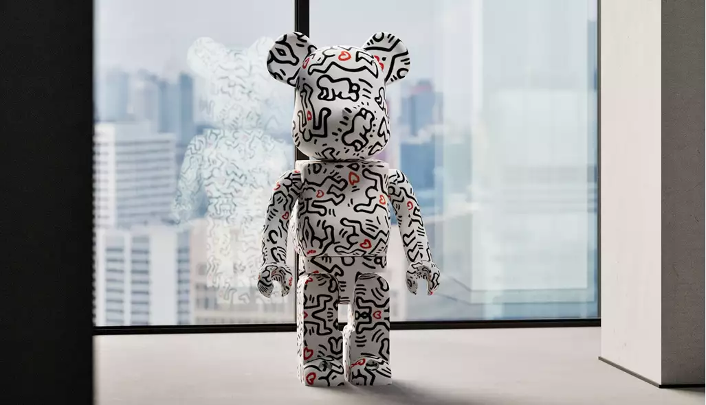 Office rendering of designer figure sculpture standing by floor to ceiling window with city skyline view