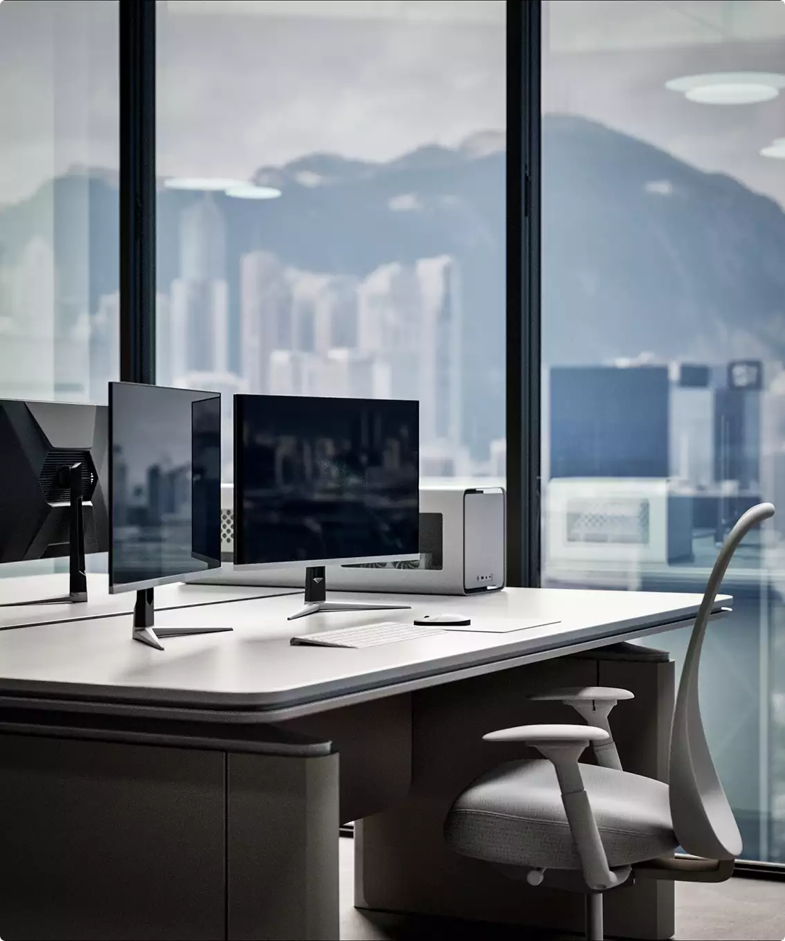 Office rendering of modern desk with dual monitors and computer workstation near large window with city skyline view