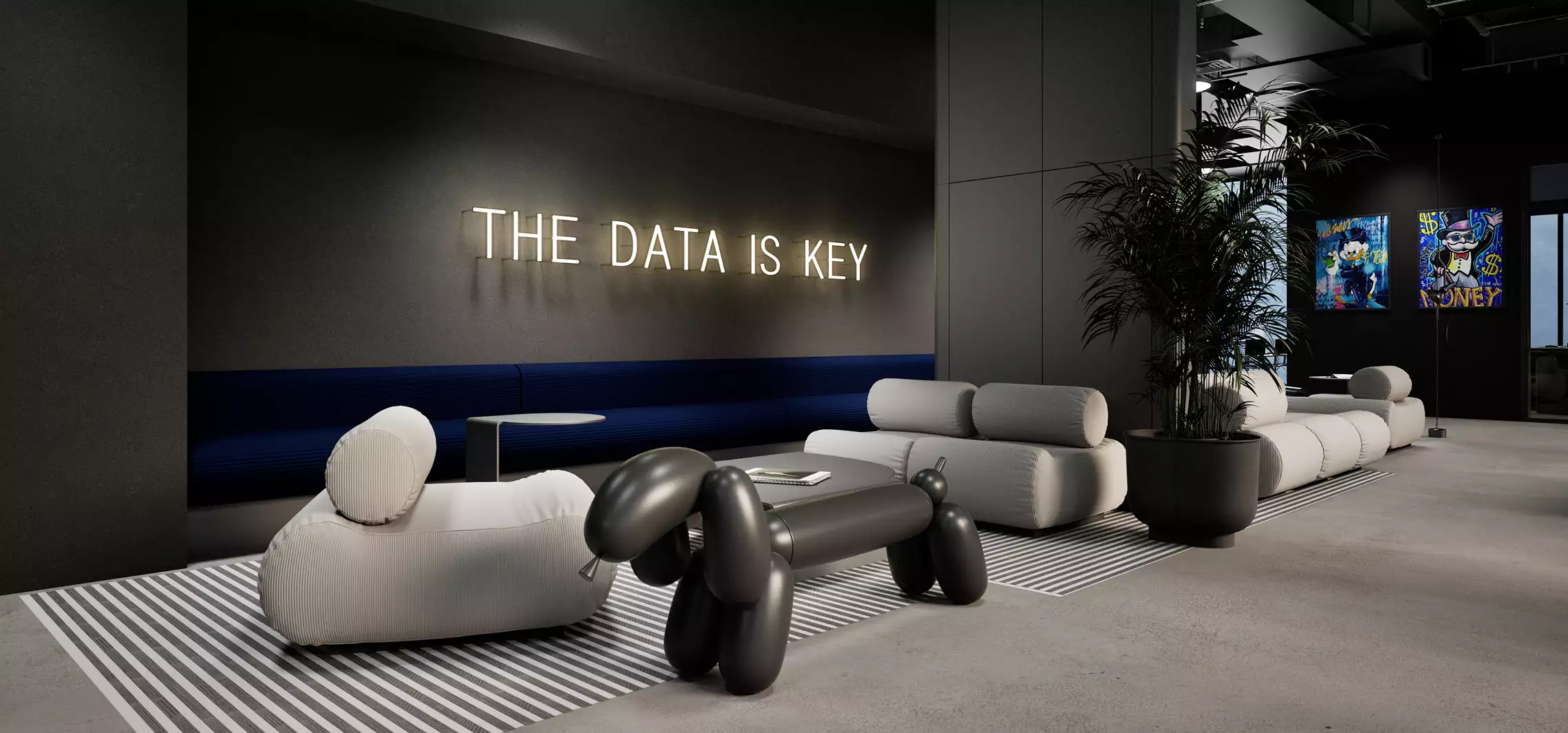 Office rendering of modern lounge area with sculptural sofas, large indoor plant and neon wall sign in office interior