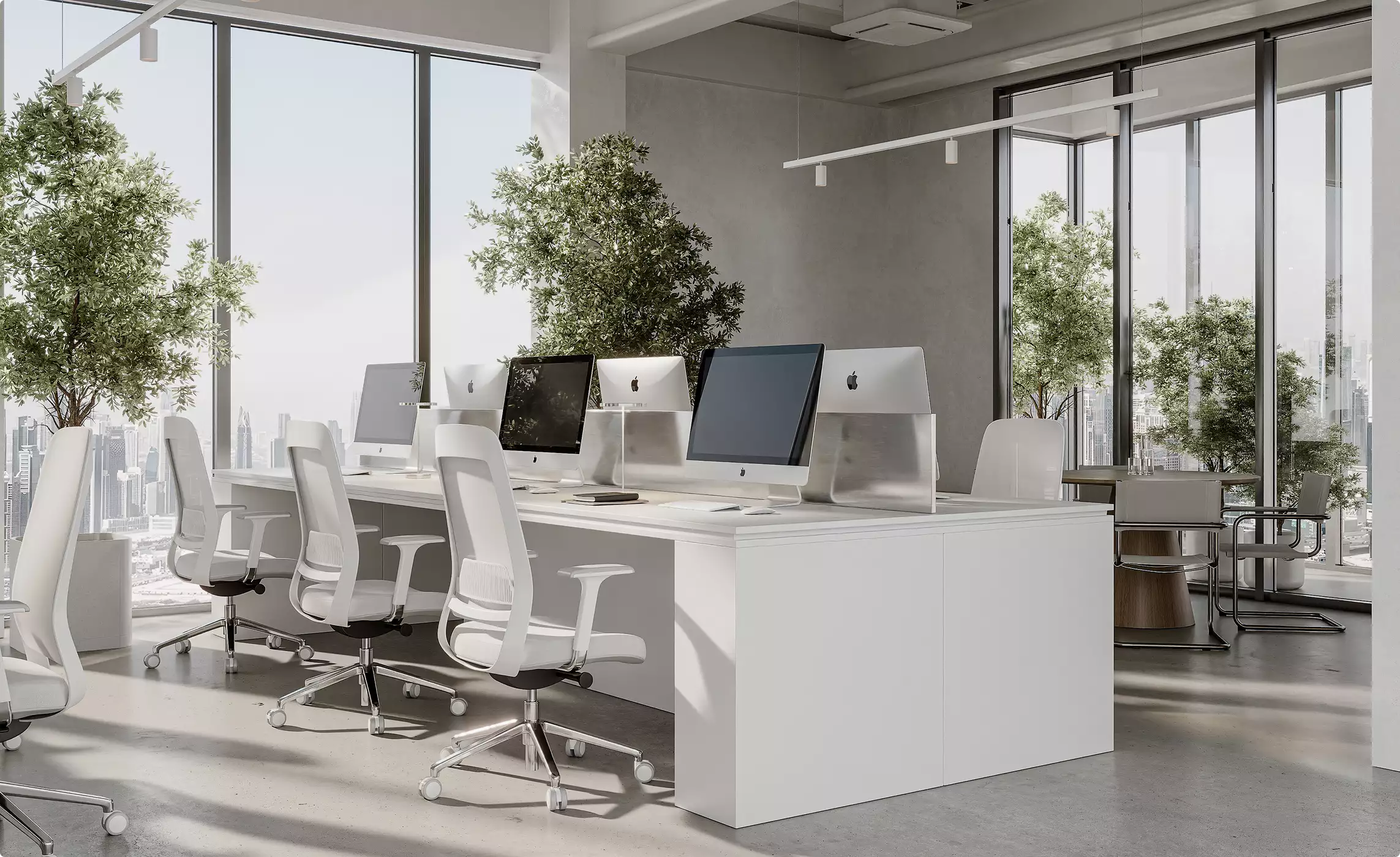 Office walkthrough of a bright open workspace with white desks, desktop monitors, and city-view windows
