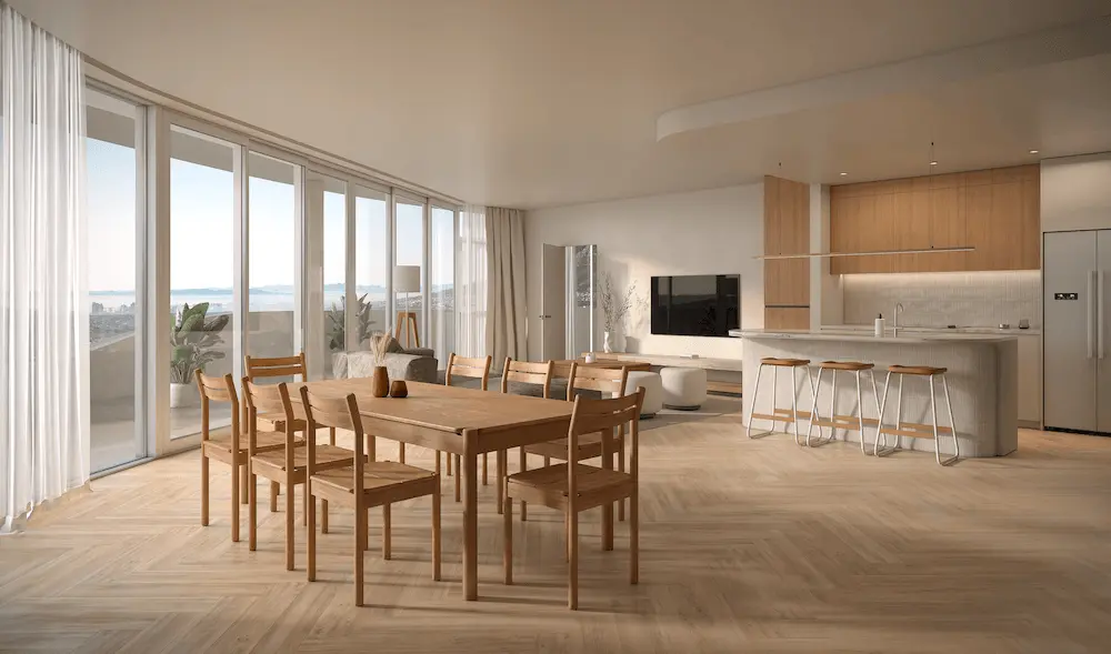 3D Rendering in Los Angeles for Real Estate and Design Bright open kitchen and dining area with full-height windows, interior design rendering services