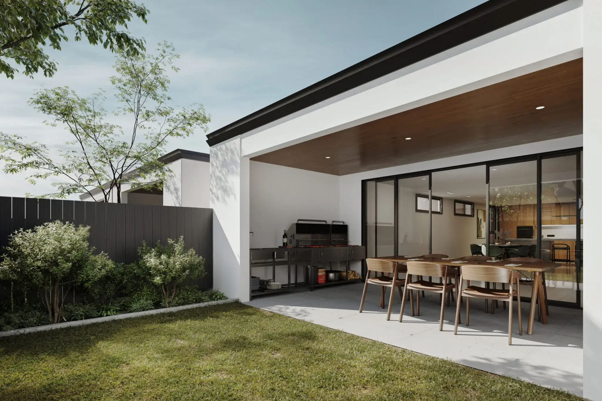 Open backyard patio and modern home interior, how much do renderings cost for residential projects