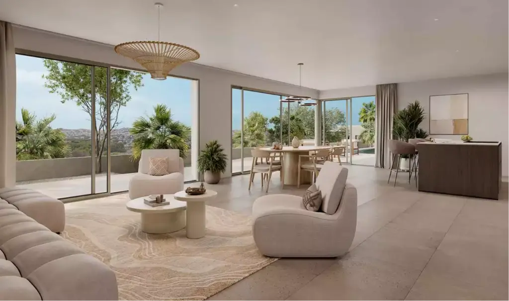Open-plan living room, aerial residential community rendering, with dining area and terrace view