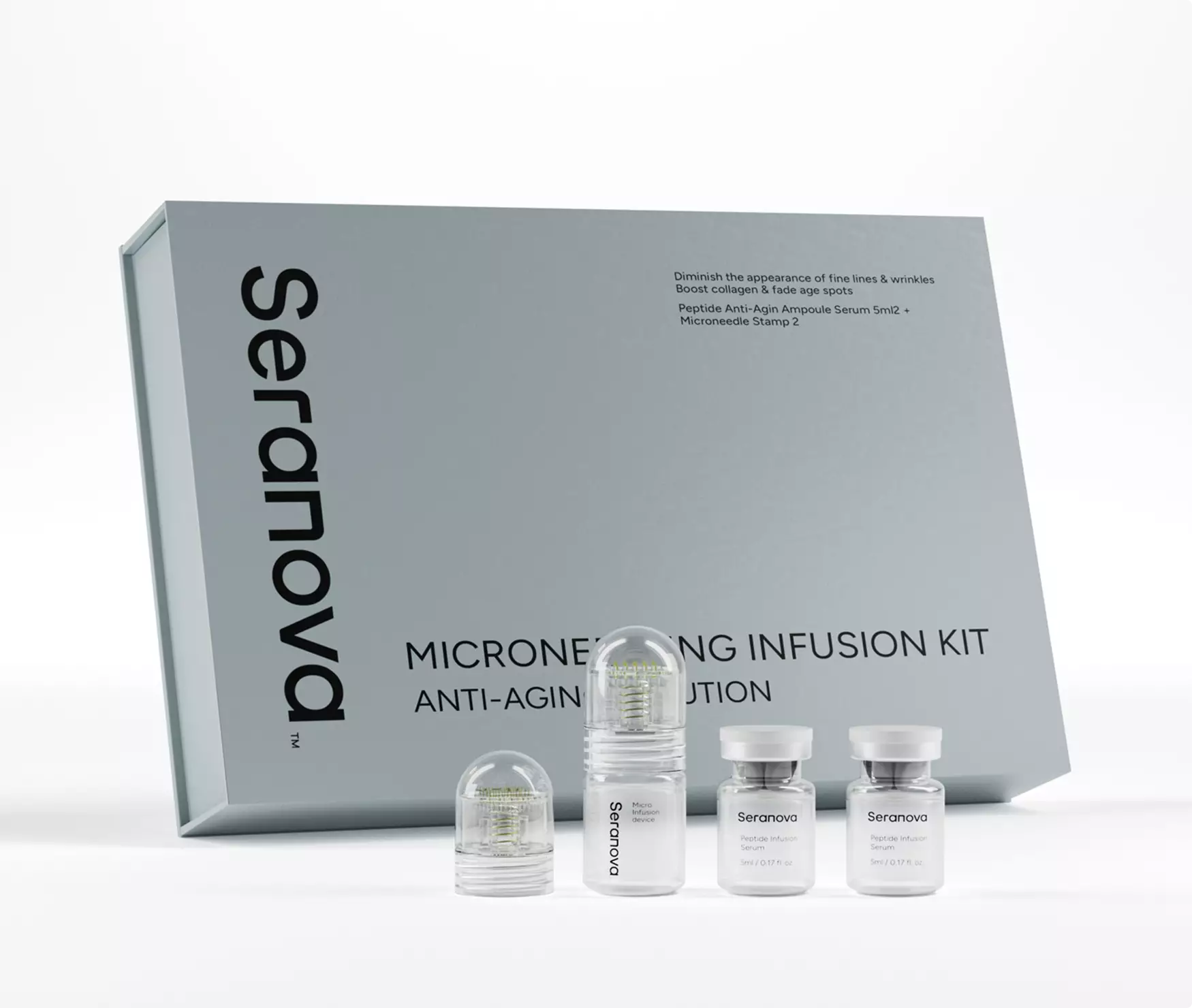 Packaging design cosmetics microneedling infusion kit with serum vials and skincare device
