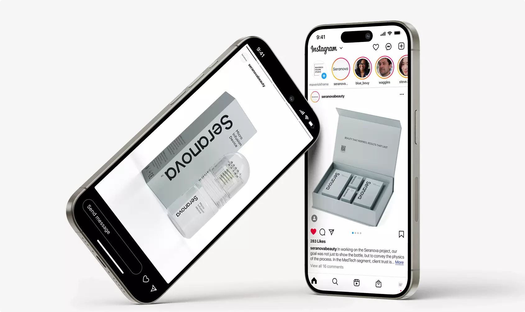 Two smartphones displaying cosmetic product boxes and bottle on social media screen, packaging design cosmetics concept