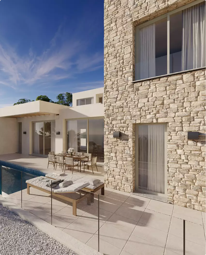 Poolside villa terrace, residential rendering company, with stone facade, loungers, and dining set