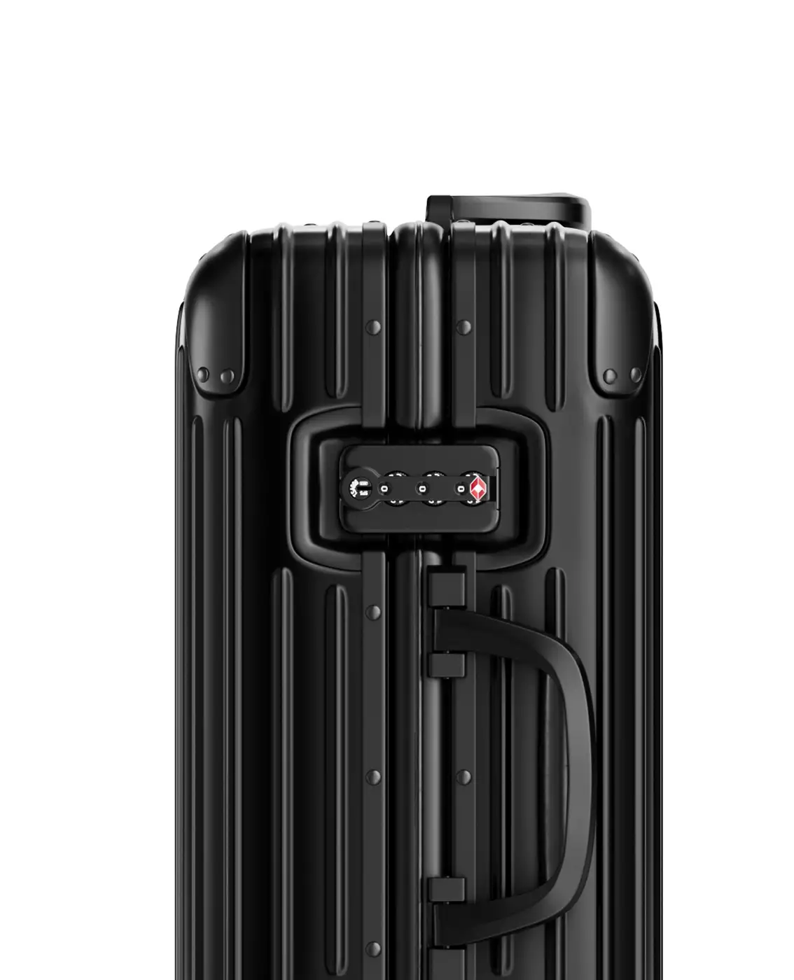 Product design rendering of a black suitcase side view with lock and handle detail