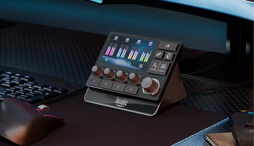 Product rendering service for an audio control pad on a desk beside a keyboard and mouse