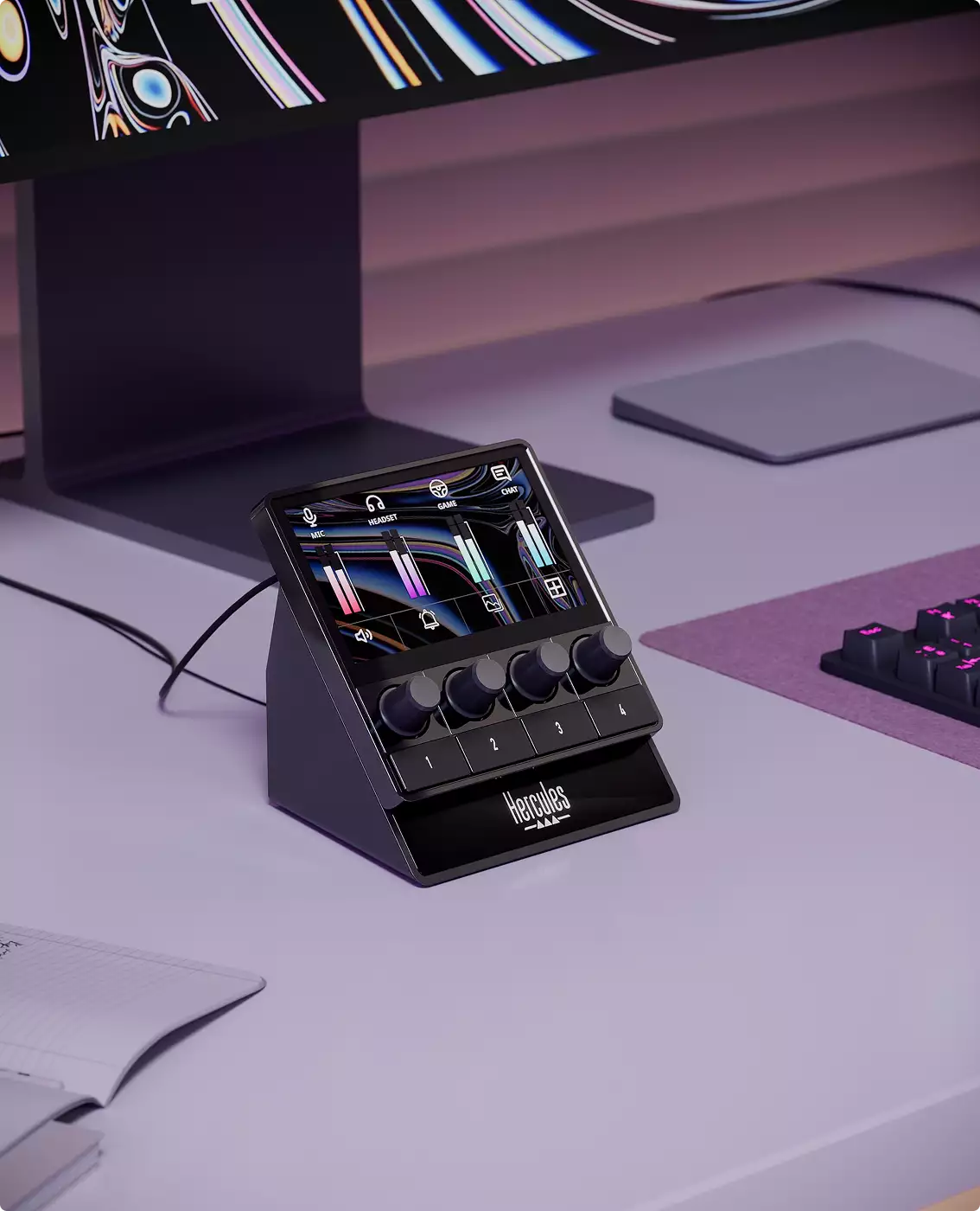 Product rendering service for an audio control pad on a desk beside a monitor and keyboard