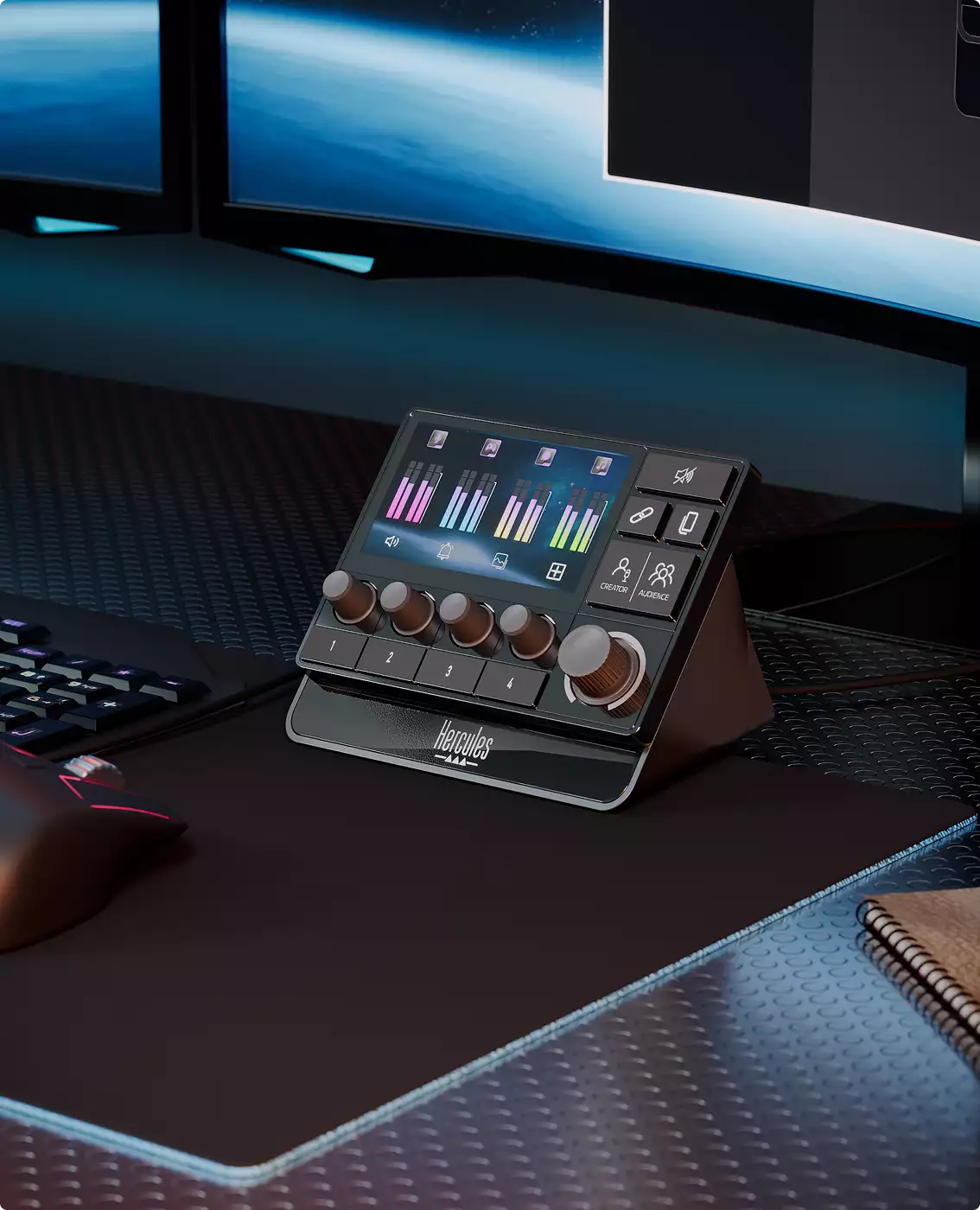 Product rendering service for an audio control pad on a desk below curved monitors