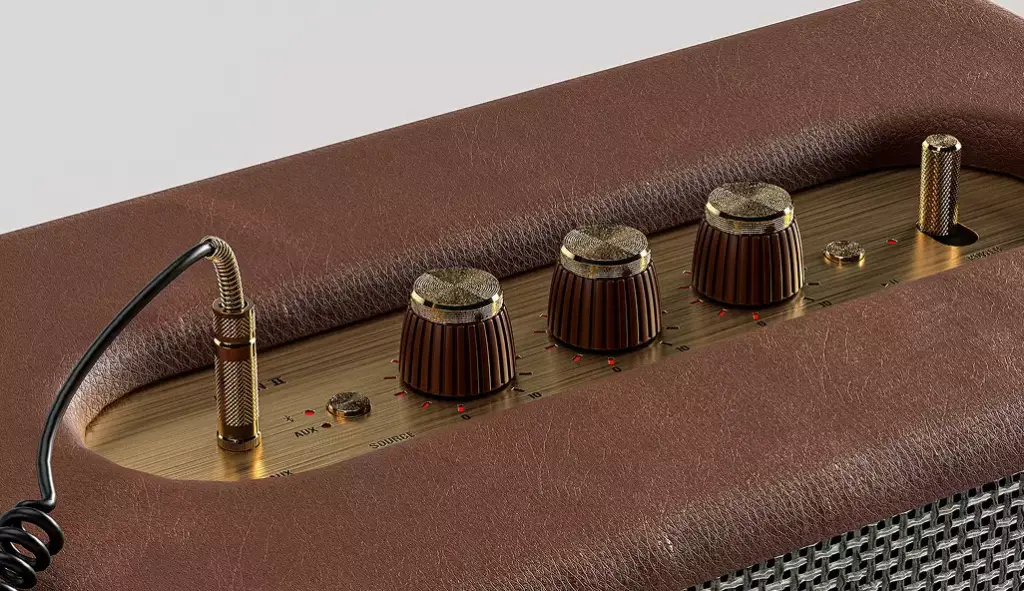 Product rendering service example showing speaker control panel with knobs, cable, and textured grille