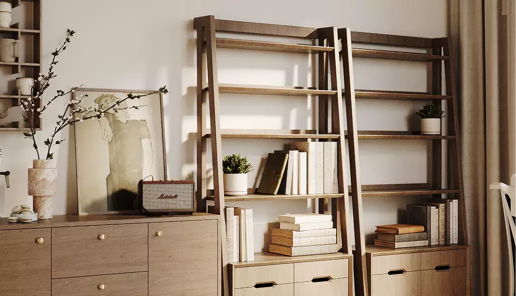 Product rendering service example showing speaker on wooden cabinet with ladder shelves, books, and decor