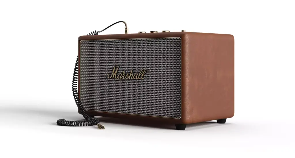Product rendering services example showing brown Marshall speaker with textured grille and coiled cable