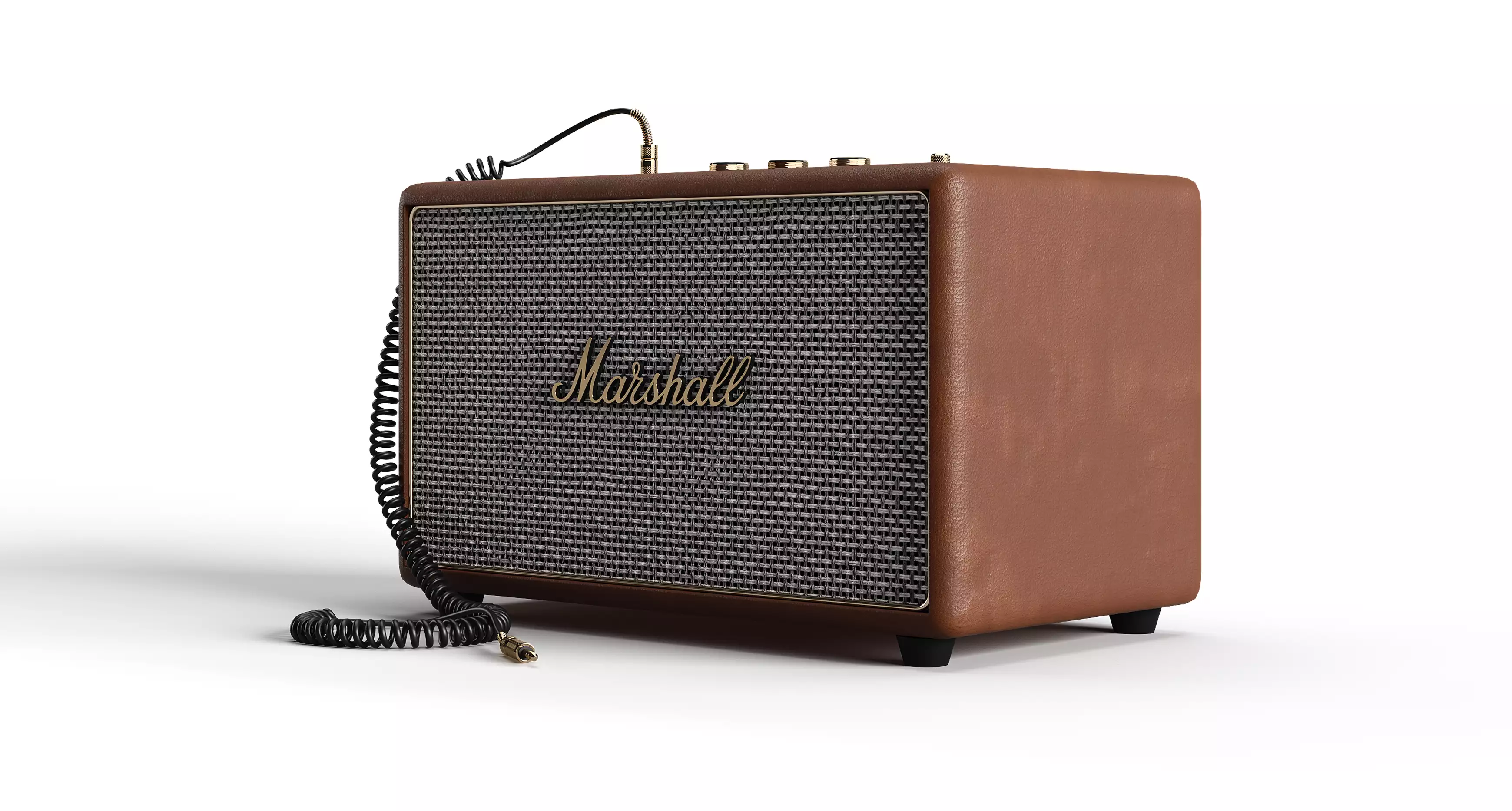 Product rendering services example showing brown Marshall speaker with textured grille and coiled cable