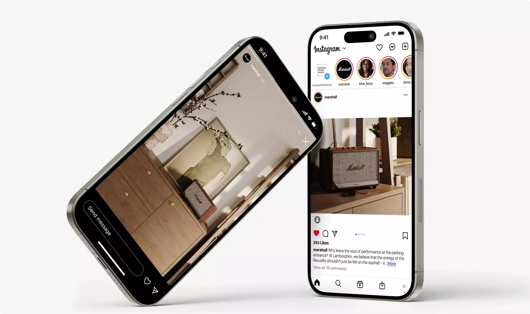 Product rendering services example showing two smartphones displaying speaker product post and interior scene