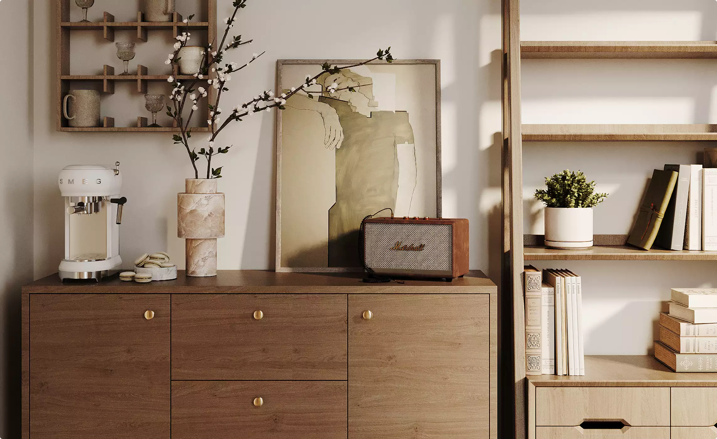 Product rendering services example showing speaker on wooden cabinet with shelves, coffee machine, and decor