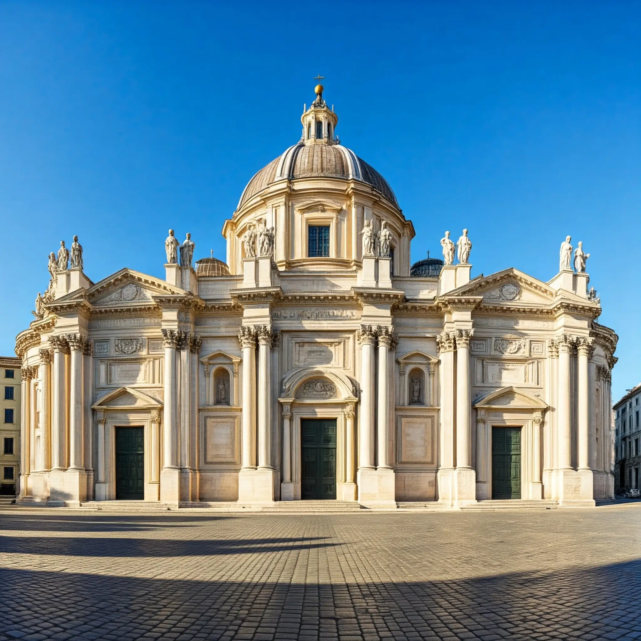 Renaissance architectural style church with central dome, classical columns, and symmetrical stone facade