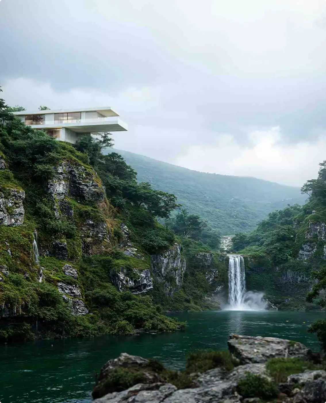 Rendering house on a cliff above a waterfall lake, framed by misty hills and dense greenery