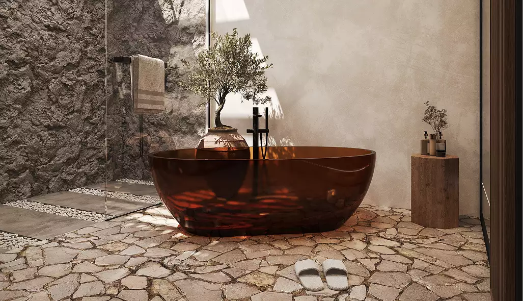 Residence rendering of a bathroom with a dark freestanding tub, stone floor, glass shower, and textured wall