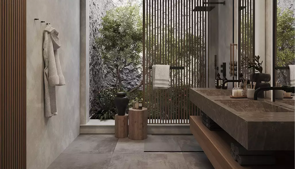 Residence rendering of a bathroom with a stone vanity, robe, slatted screen, and courtyard tree