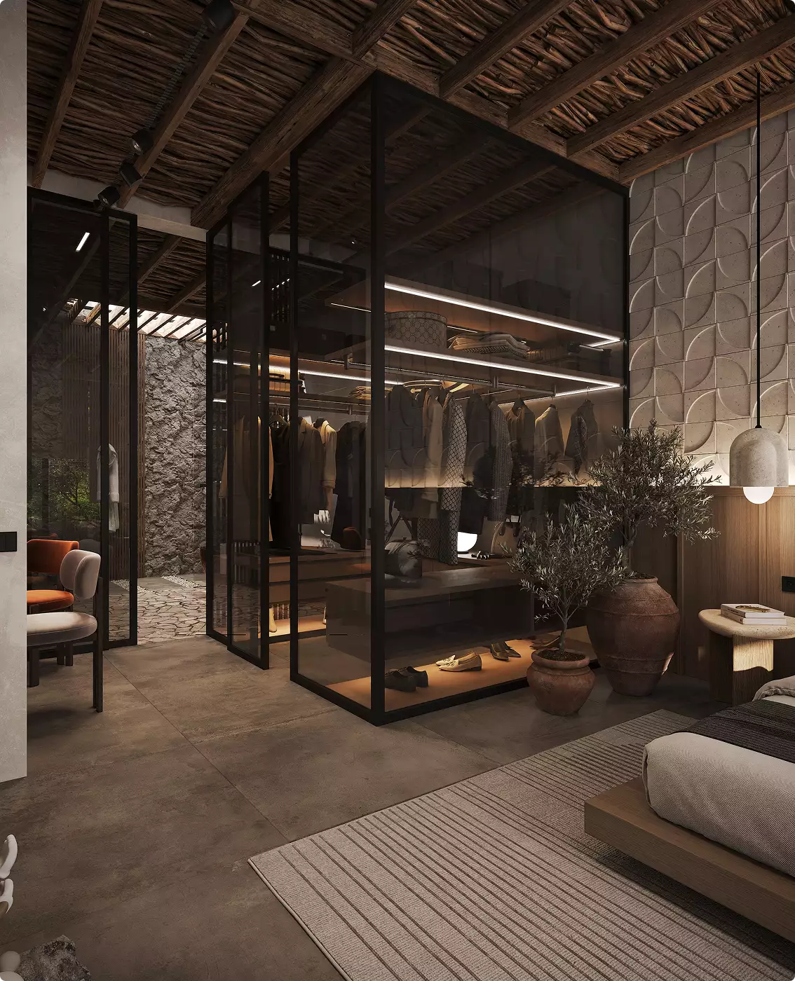 Residence rendering of a bedroom with a glass walk-in closet, wood ceiling, pendant light, and textured wall