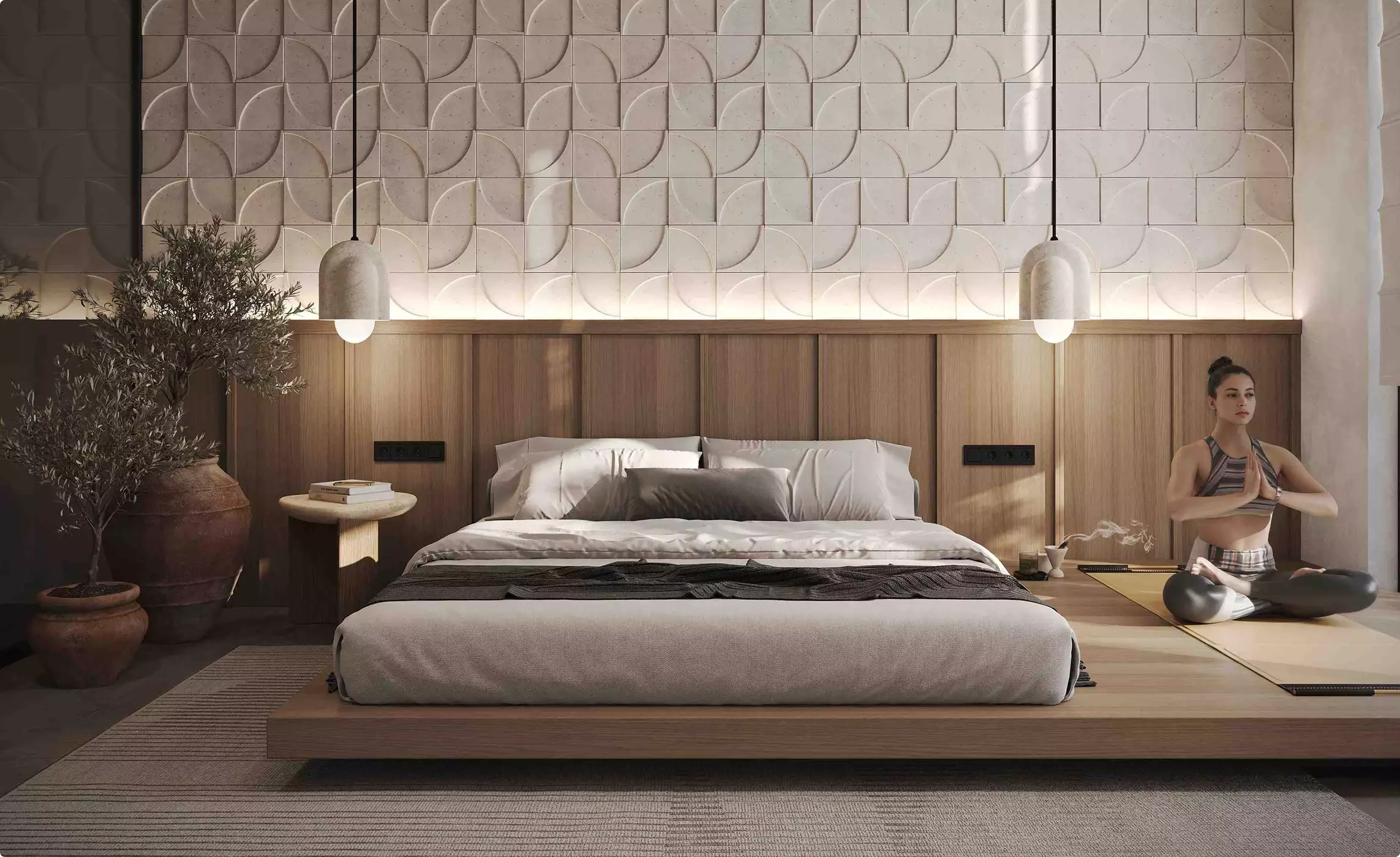 Residence rendering of a bedroom with a low platform bed, pendant lights, textured wall, and yoga corner