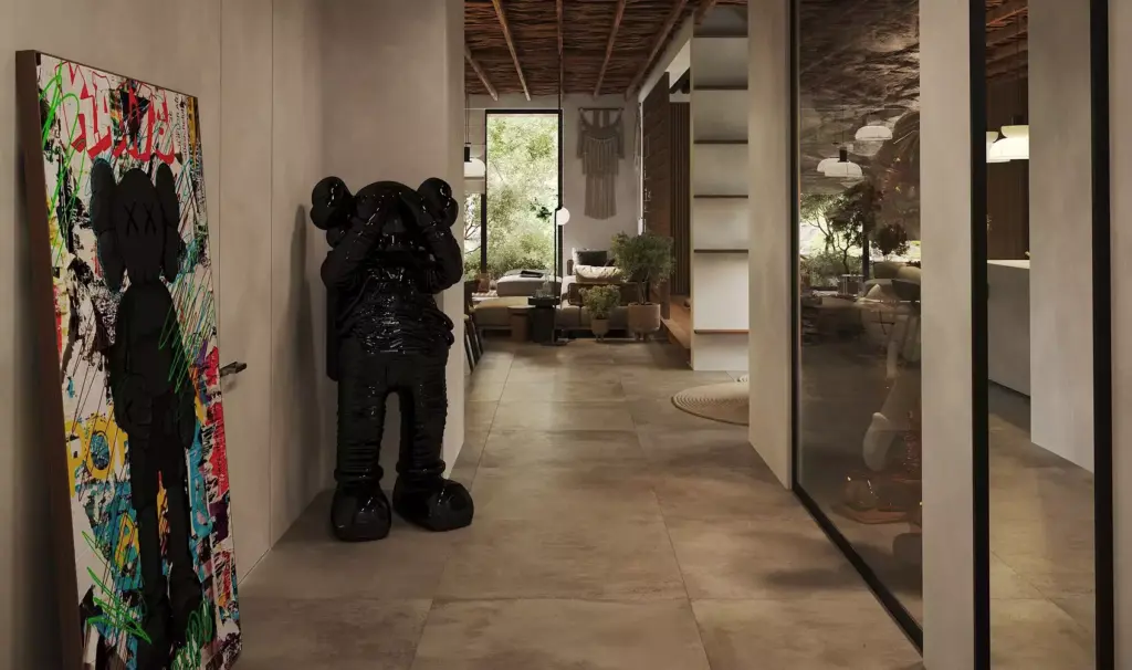 Residence rendering of a hallway with colorful wall art, a black sculpture, glass wall, and lounge view