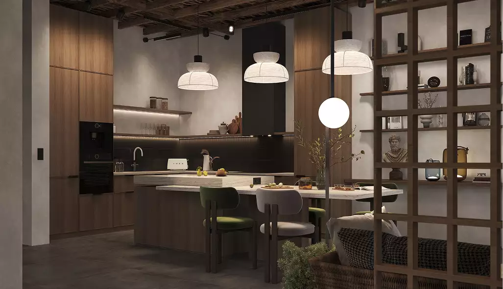 Residence rendering of a modern kitchen with a wood island, pendant lights, open shelving, and grid divider