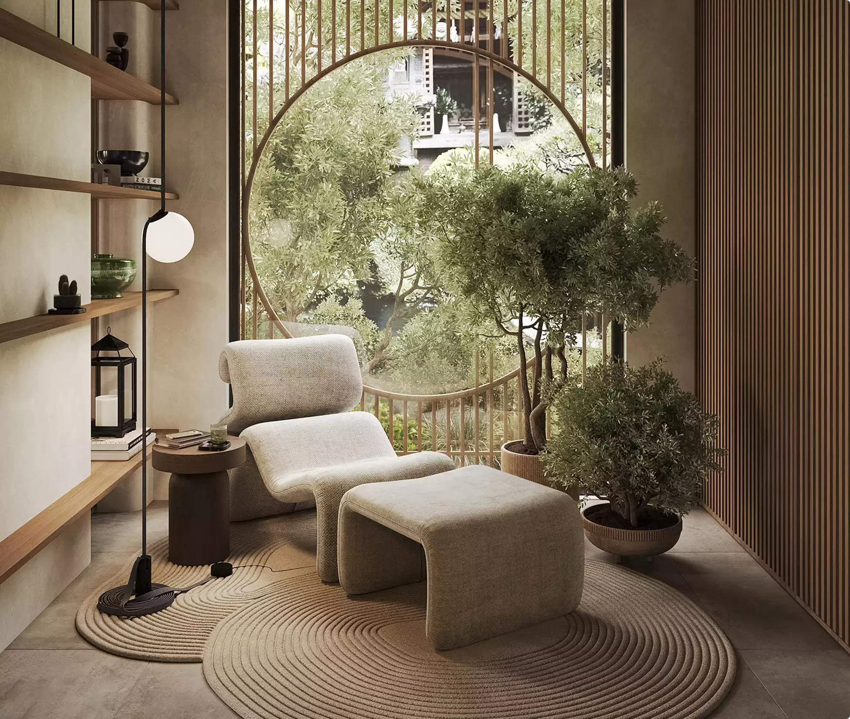 Residence rendering of a reading nook with a lounge chair, ottoman, round window, indoor trees, and shelves