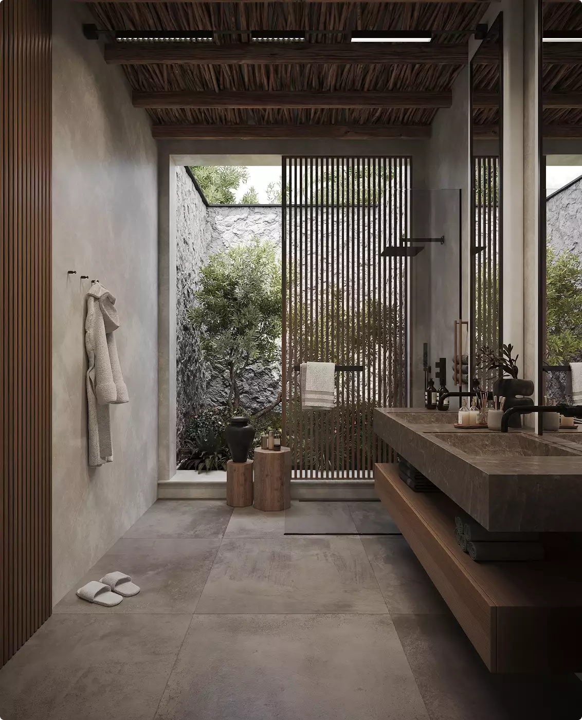 Residence rendering of a spa bathroom with a stone vanity, wood ceiling, glass shower, and garden courtyard