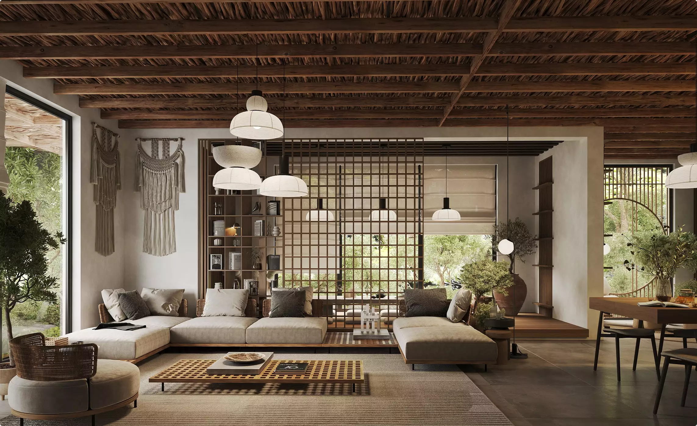 Residence rendering of a warm living room with low sofas, wood ceiling, pendant lights, and garden views