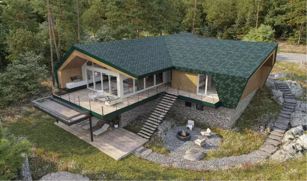 Retreat house design concept aerial view with green roof, stone base, terrace, and fire pit courtyard