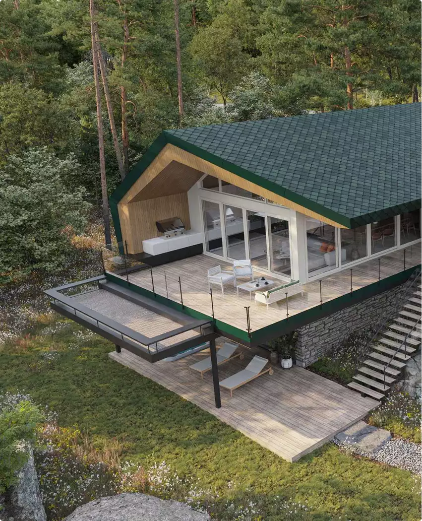 Retreat house design concept aerial view of terrace, grill, lounge chairs, and lower deck in woodland