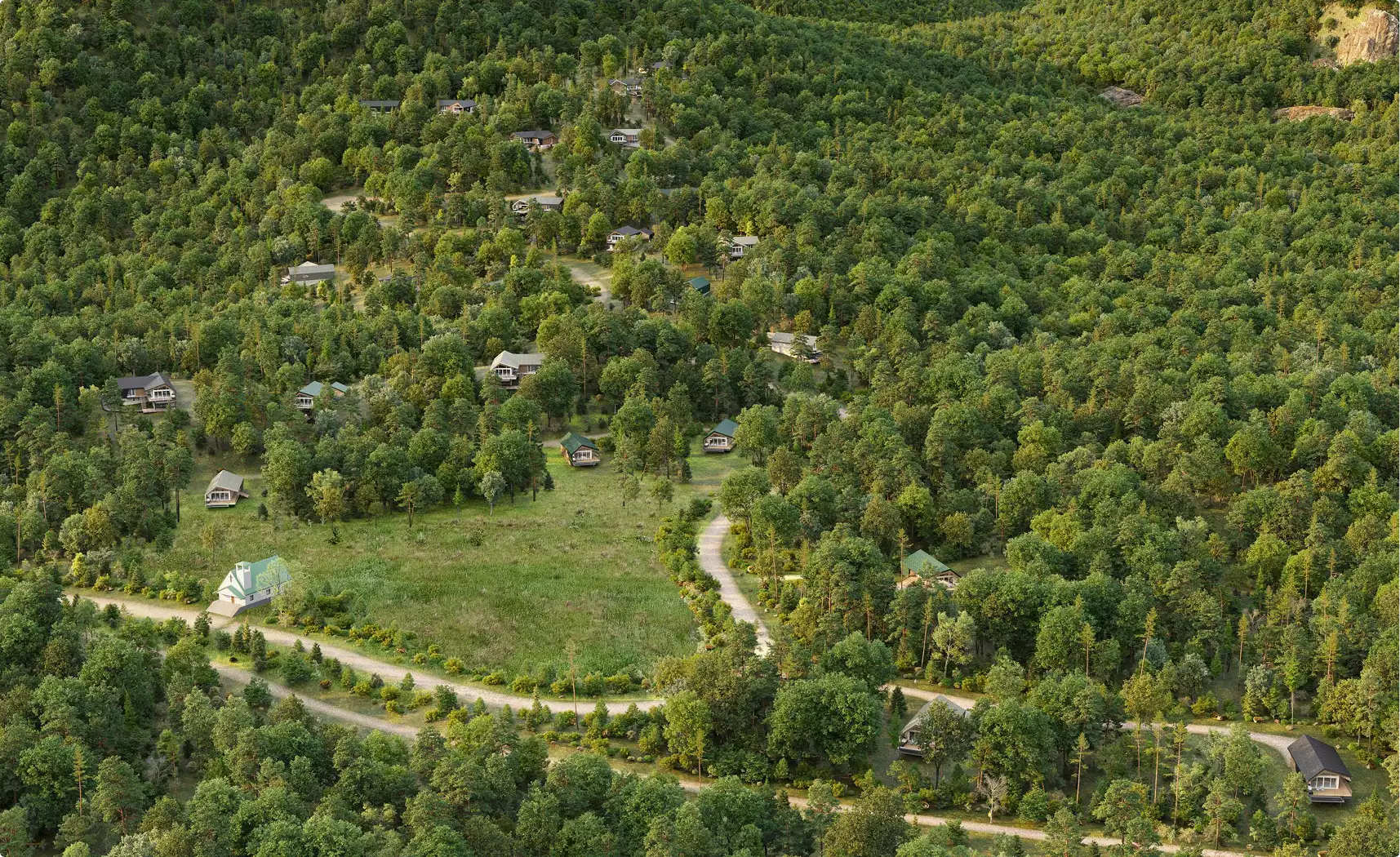 Retreat house design concept aerial masterplan with cabins scattered through dense forest along curving roads