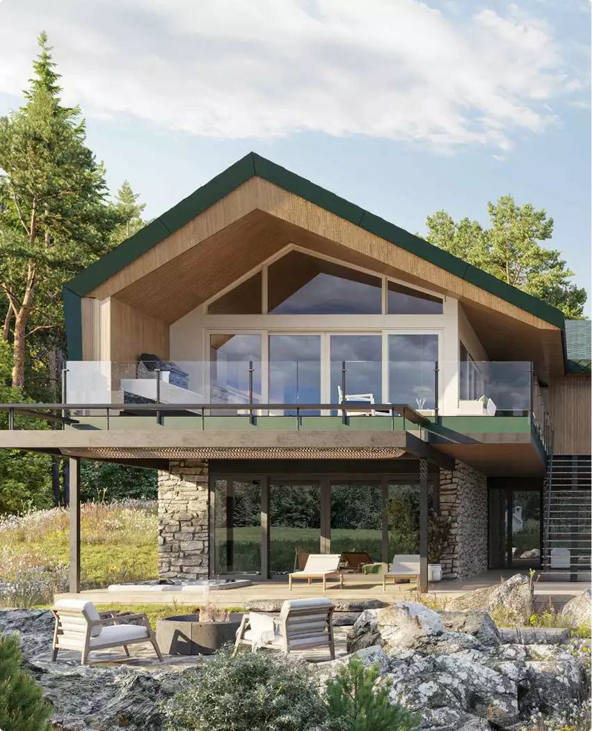 Retreat house design concept front facade with glass railing, stone base, and outdoor seating among rocks
