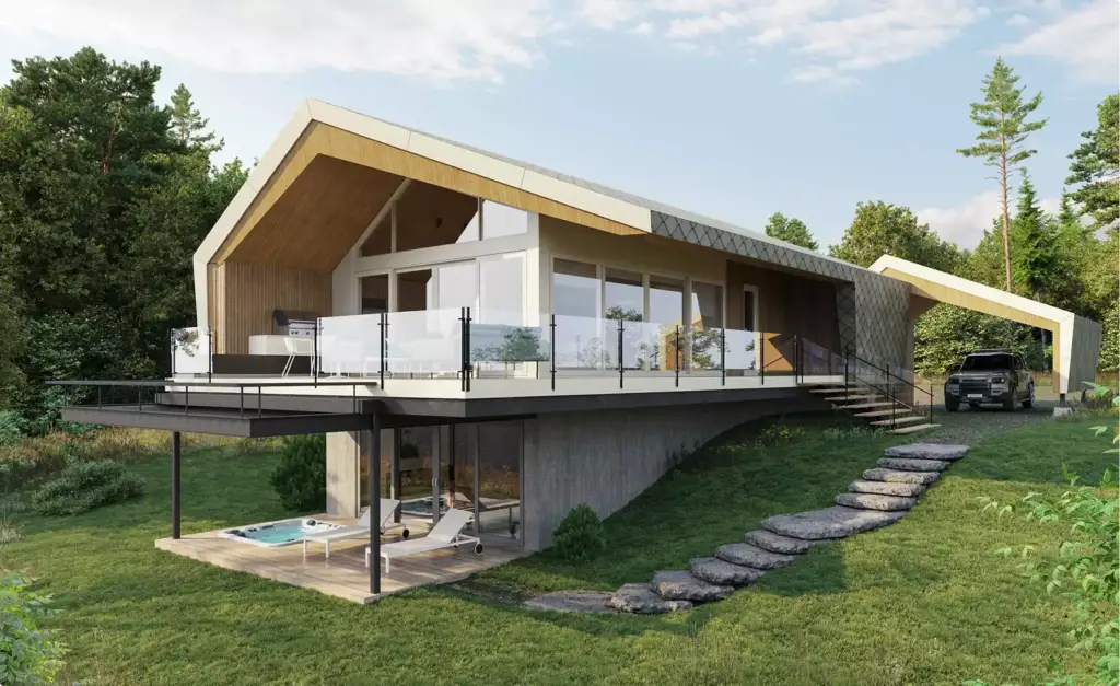 Retreat house design concept with raised terrace, glass facade, stone base, and stepped path on hillside