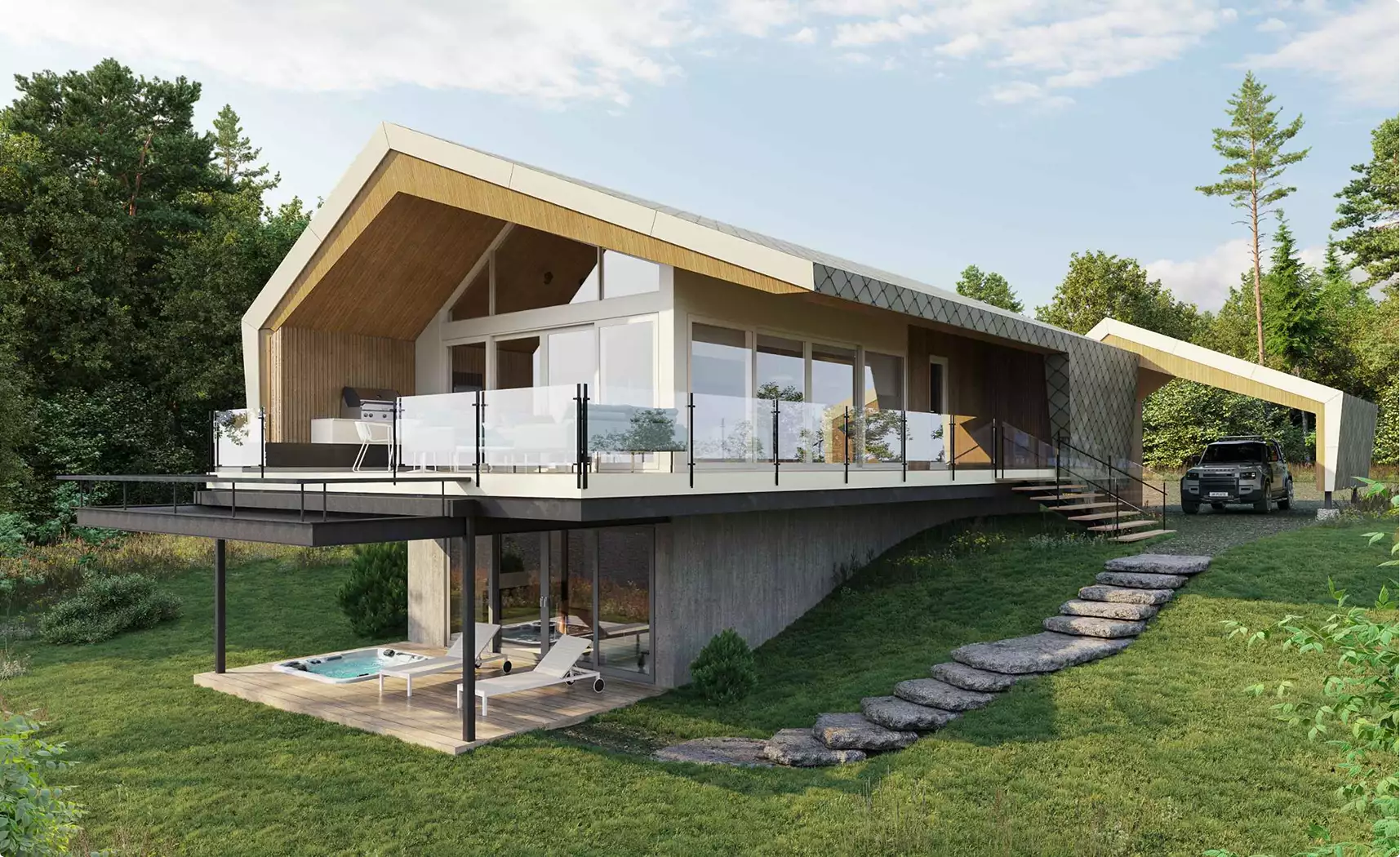 Retreat house design concept with raised terrace, glass facade, stone base, and stepped path on hillside