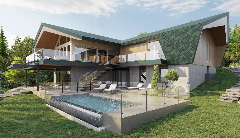 Retreat house design concept with angular roof, glass balcony, and pool terrace on a grassy slope