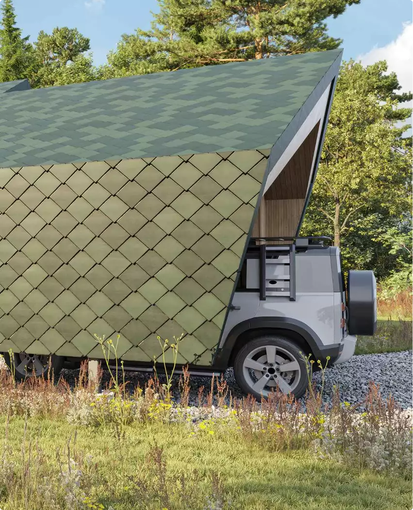 Retreat house design concept side detail with green shingle cladding and a parked vehicle beside the facade