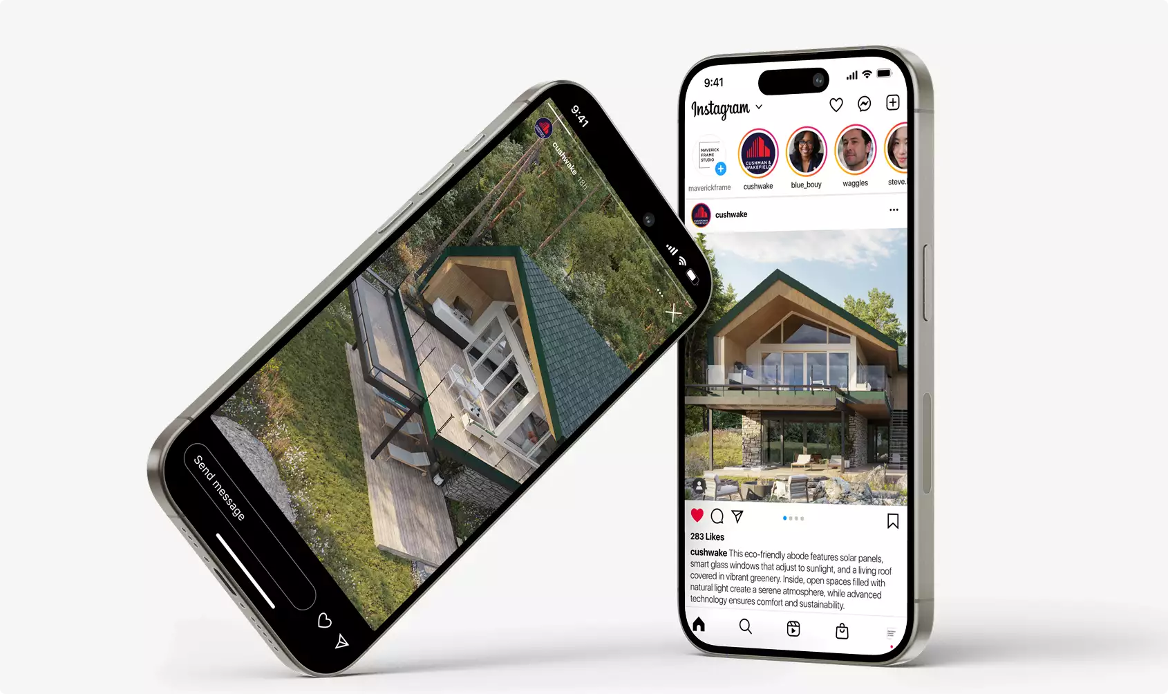 Retreat house design concept shown on two smartphones displaying exterior views in a social media mockup